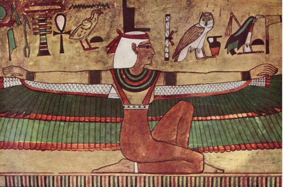 Painting of Egyptian goddess Isis kneeling on mat and spreading arms wide.