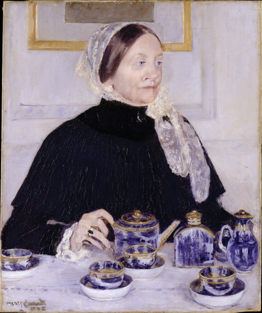 Painting of woman in black dress with white lacy headscarf in front of formal tea set on table.