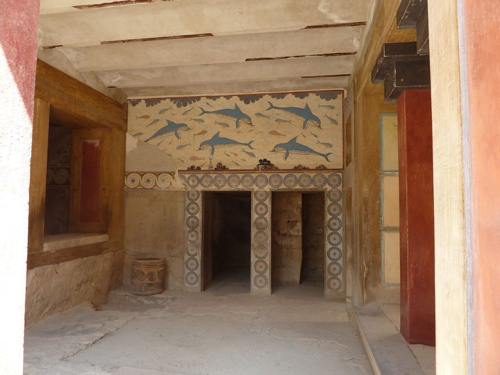 Image from the Minoan Palace. Depicted are several dolphins painted on the wall of the palace.