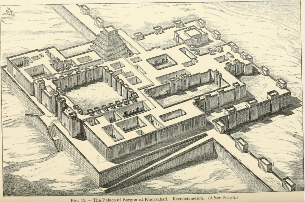 Drawing of model of a palace that includes arena and pyramid structure.