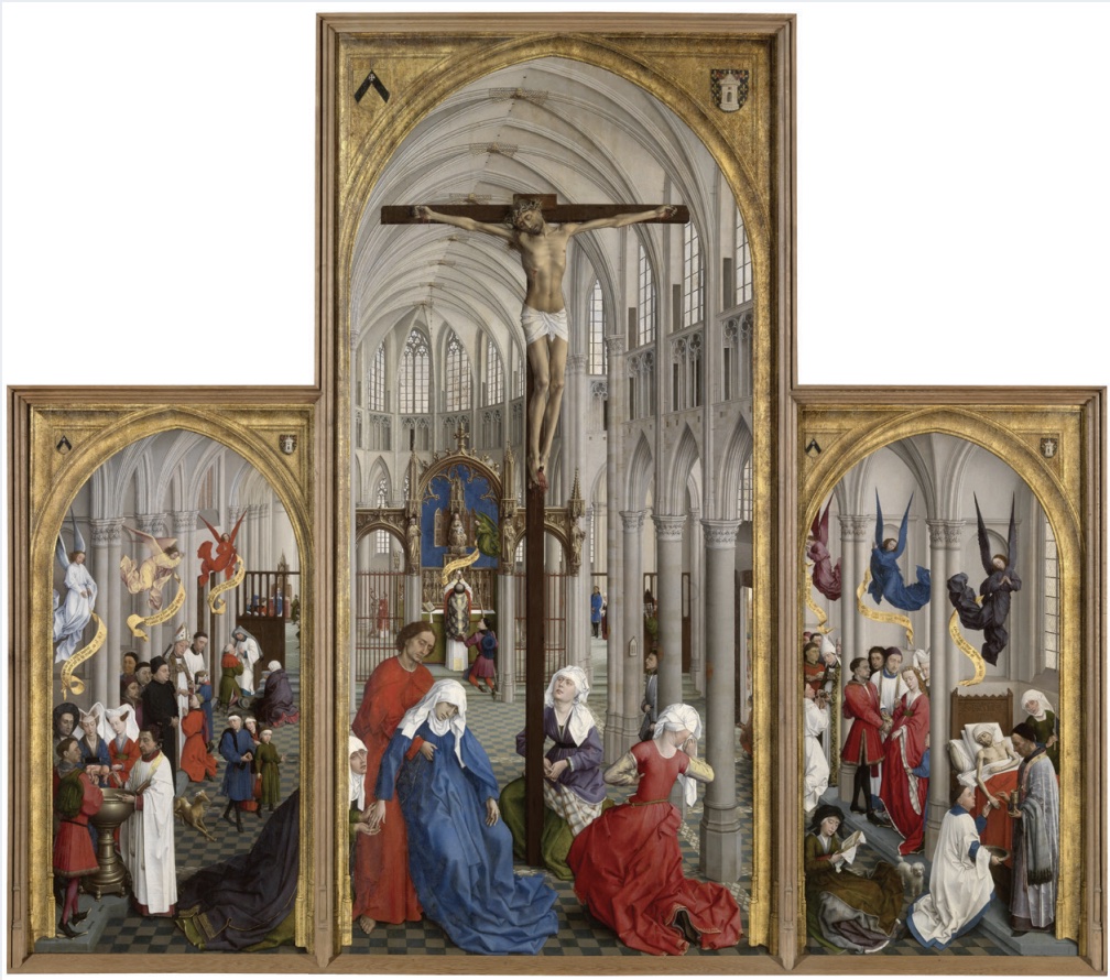 Painting of Christ on the cross within a cathedral with robed women swooning in despair at bottom.