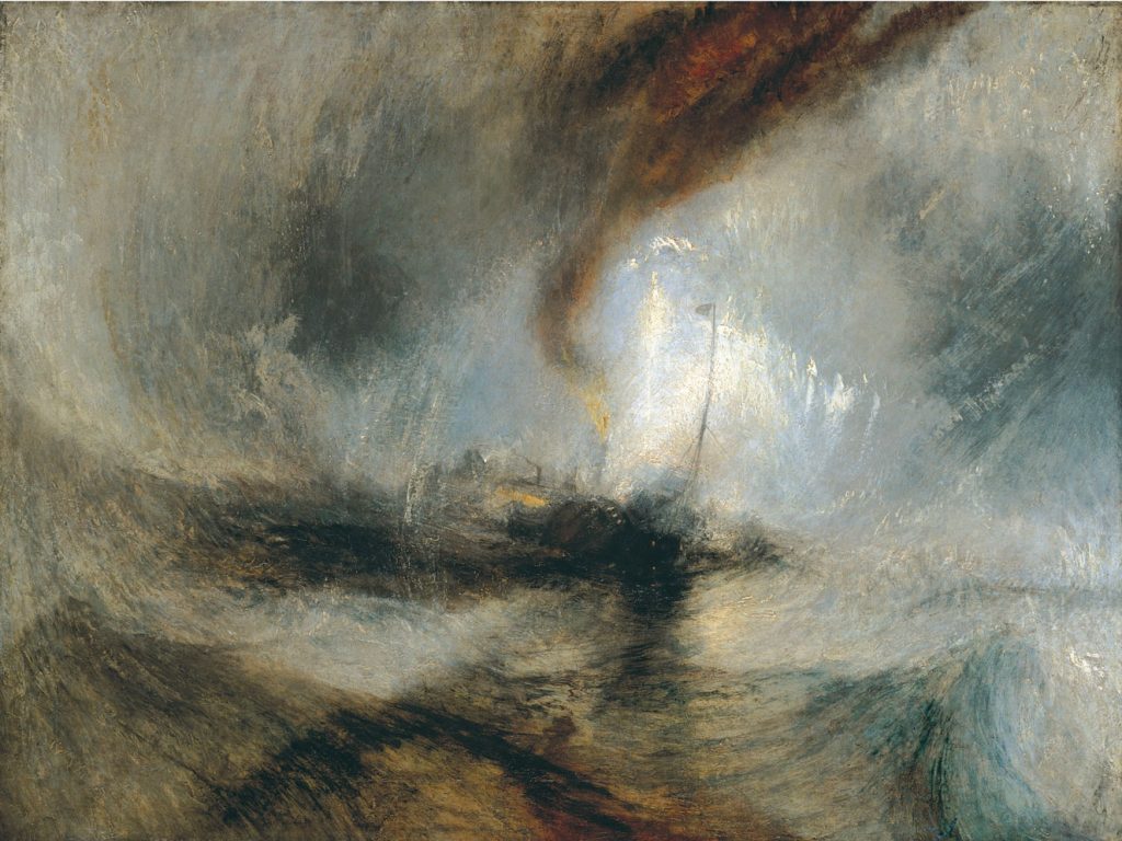 Painting of turbulent ocean waves and steam boat.