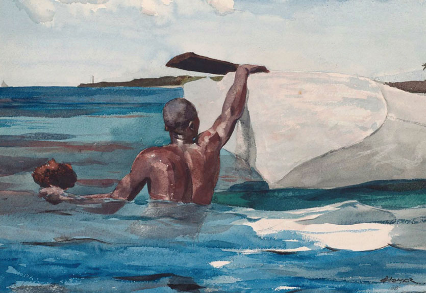 Painting of man in the sea holding a sponge in his hand.