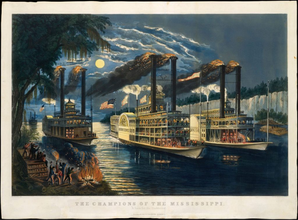 Painting of 3 racing steamboats on the Mississippi River with onlookers cheering on the boats.