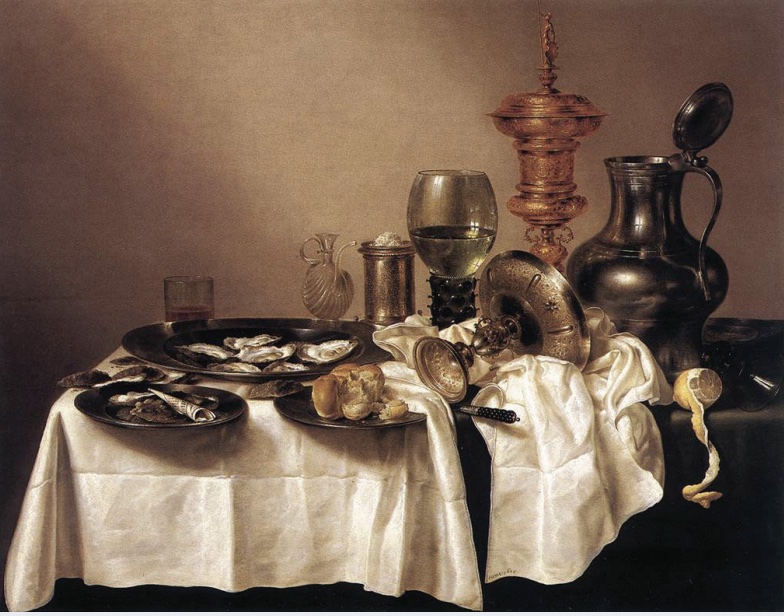 Painting of a table with table cloth and dinnerware in disarray.