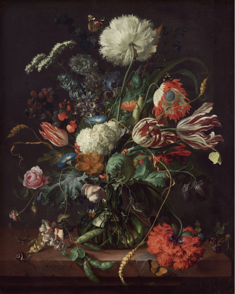 Painting of an arrangement of various flowers in a vase on a table.