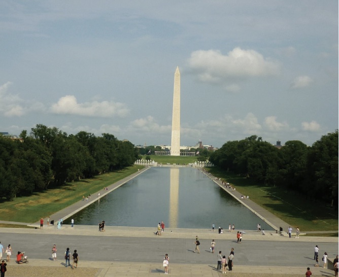 Photo of Washington Monument taken from opposite end of reflection pond.