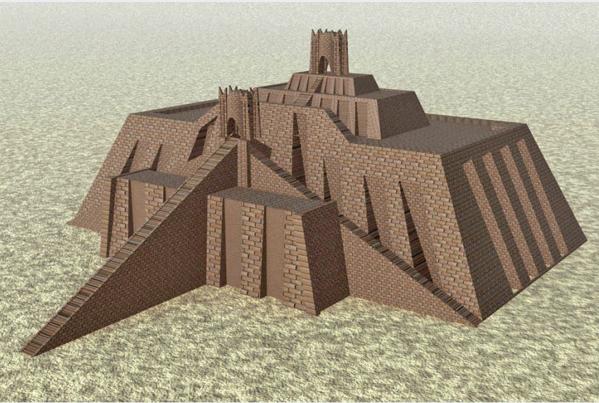 Digital image of ziggurat structure with ramps leading to temple at top.