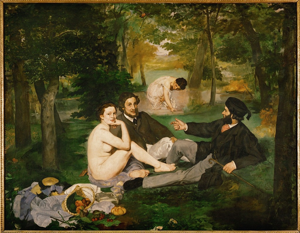 Image of Luncheon on the Grass by Edouard Manet. Shown is a nude woman with two men sitting on the grass with a basket of fruit and bread on a blanket. In the background a young woman picks at the ground. Oil on canvas painting.