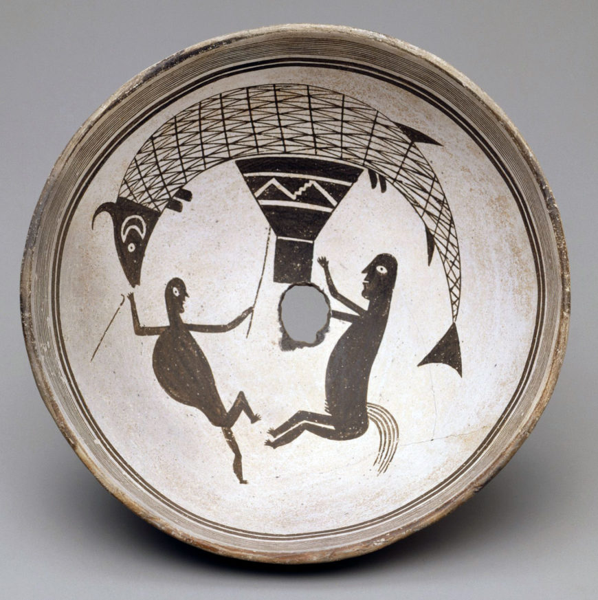 Bowl with images of fish, a male figure, and a male figure with a tail like a horse.