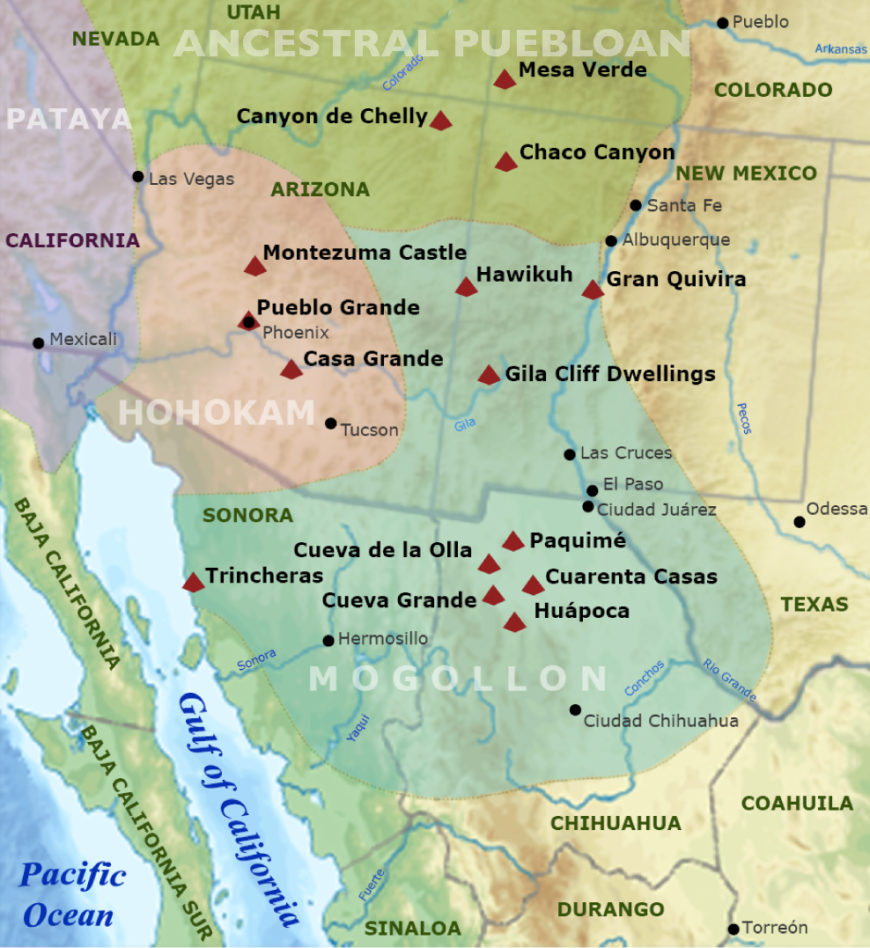 A map of where Mogollon people lived across Southwest U.S. and northern Sonora, MX.