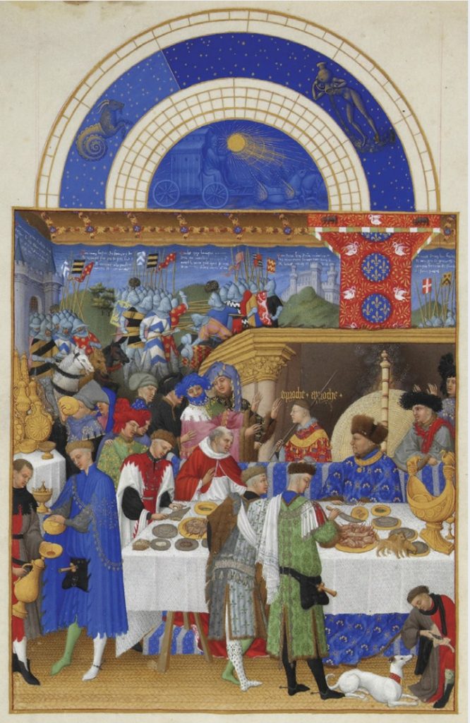 Illustrated page showing a duke seated in blue at a table with a large feast and many guests surrounding him.