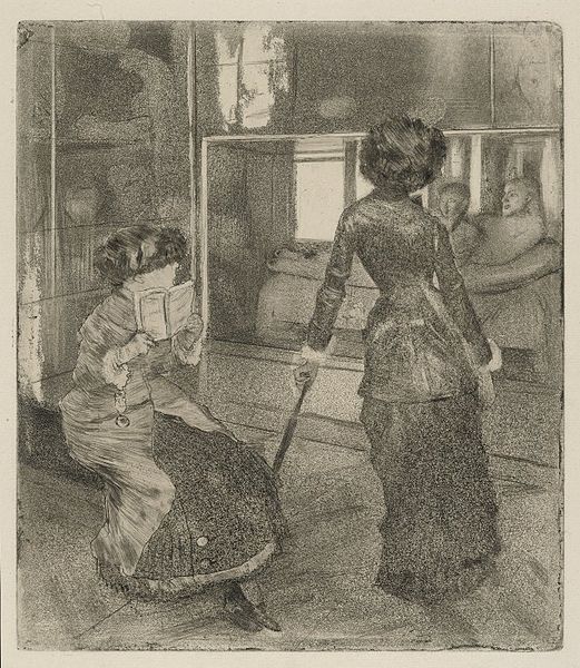 A black and white print of two ladies, one reading while seated on a chair and one standin leaning on an umbrella.