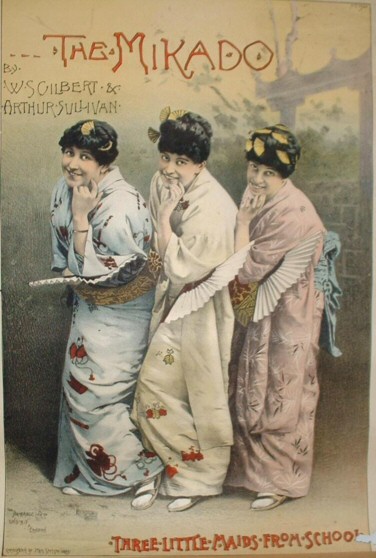 A poster of three caucasian sisters dressed in traditional Japanese clothes.