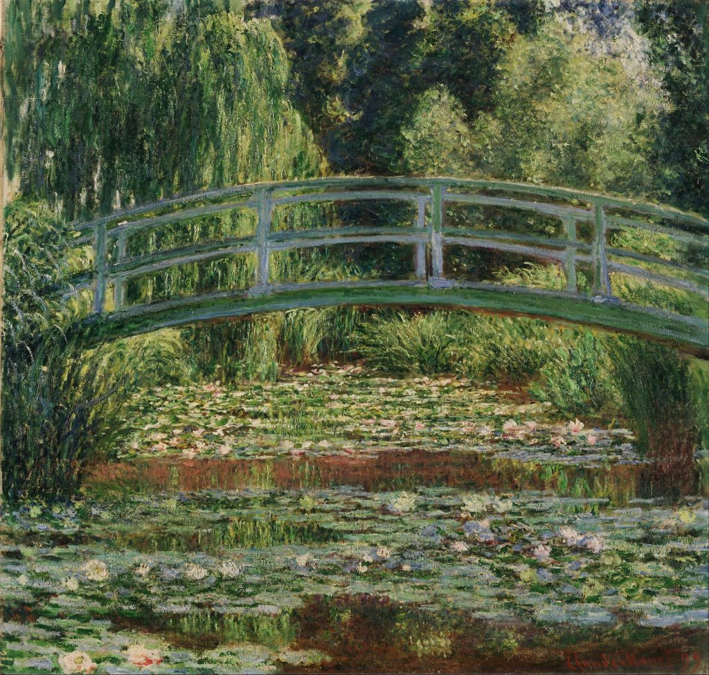 A painting of a pond with water lillies and a wooden bridge crossing the pond.