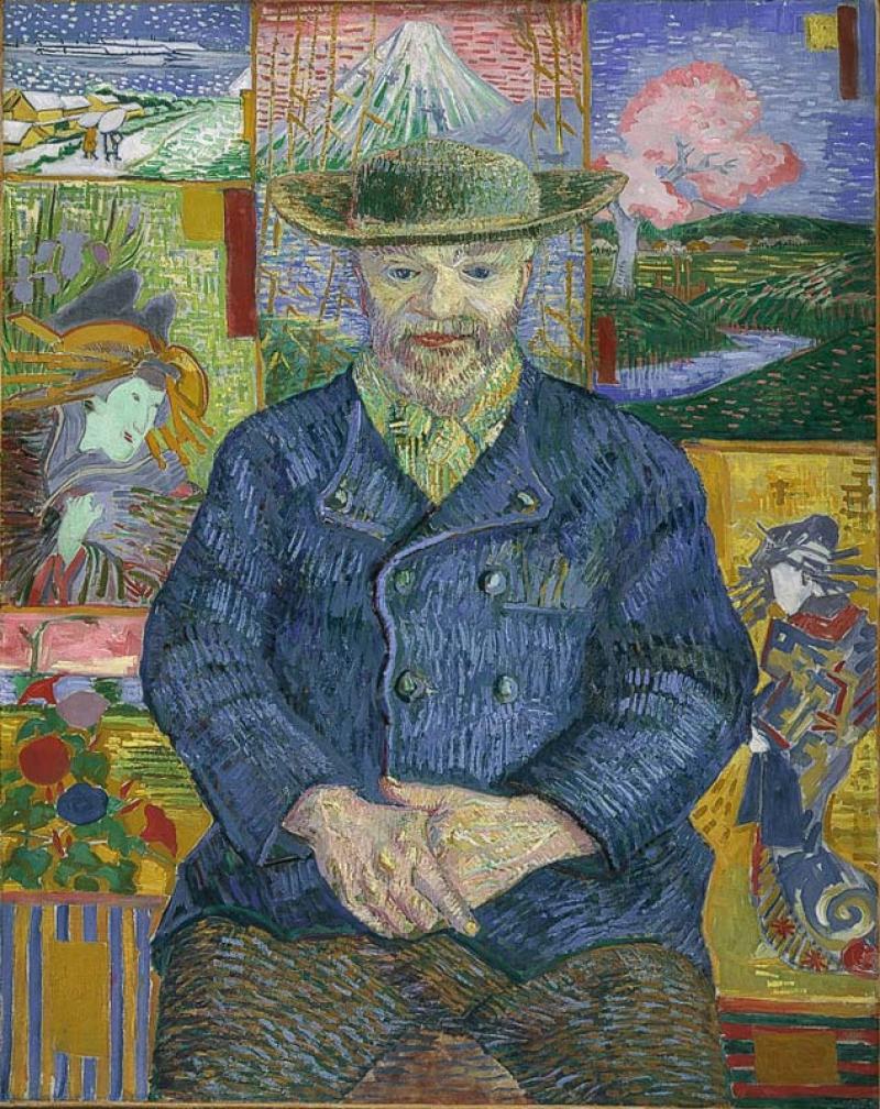 A Van Gogh painting with japanese prints in the background.