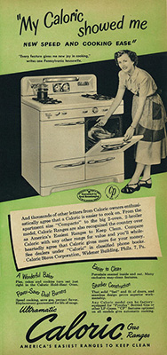 Advertisement for an oven showing a woman showing a turkey inside one of the oven doors. The ad says 'My caloric showed me new speed and cooking ease'