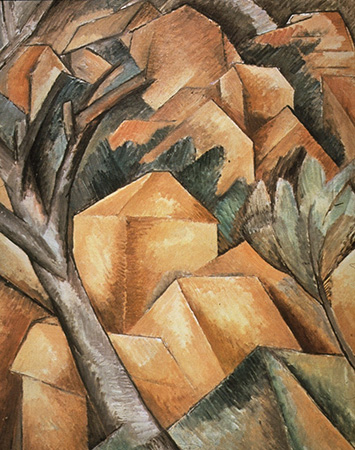Image of Houses at l'Estaque by Georges Braque. What are to be houses are shown in cube form. Trees rise from the cubes as well. Oil on canvas painting.