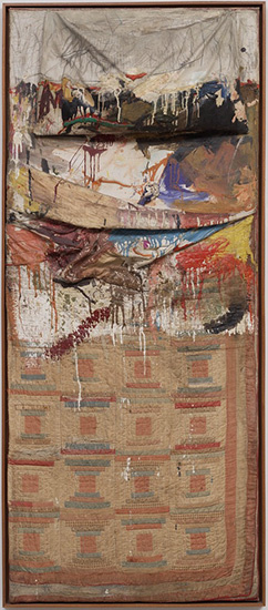 Shown is a bed with dripping oil paint and pencil on the quilt, sheet and pillow.