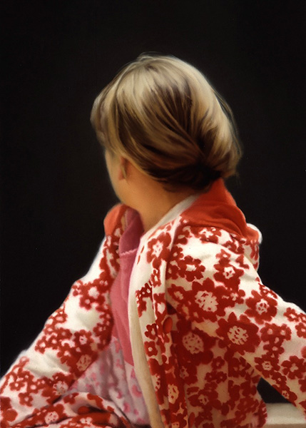 Photorealistic painting of a girl turned away from the view wearing a red floral coat, on a black background.