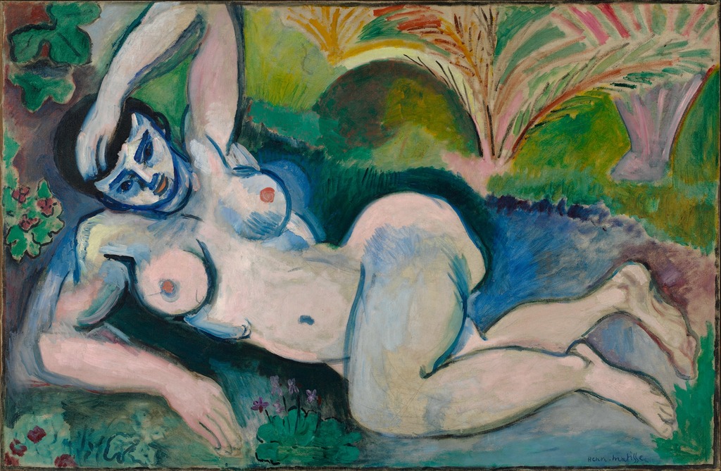 Image of The Blue Nude by Henri Matisse. Shown is a woman laying nude. Her body is painted in harsh lines giving a sense of distortedness in some areas. The painting is in blue hues, the background is of a panel of palm fronds.