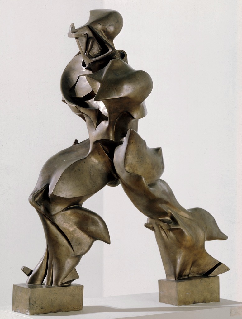 Image of Unique Forms of Continuity in Space by Umberto Boccioni. Bronze futuristic like sculpture of a figure almost in movement, expressing fluidity.