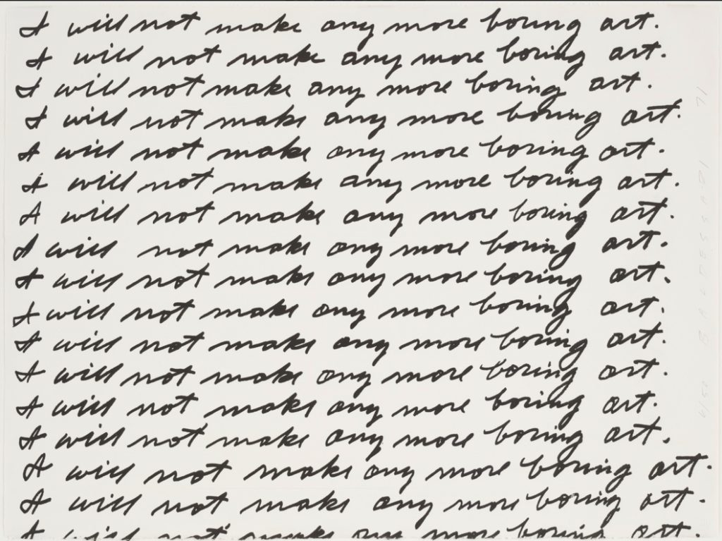 Image of a letter with handwritten repetitve sentences "I will not make any more boring art."