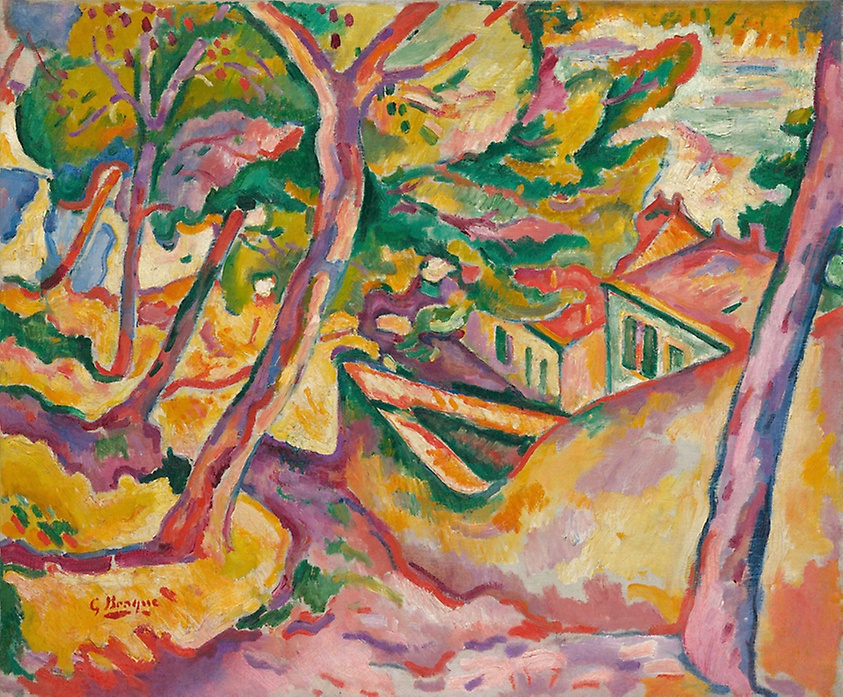 Image of Houses of l'Estaque by Georges Braque. Landscape painting with orange/yellow tones. Featuring houses with walls and trees.