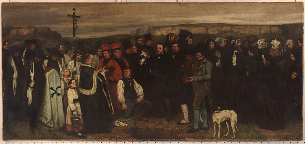 Image of A Burial at Ornans by Gustave Courbet. Shown is a crowd gathered by a burial, a priest and people of the church gather also. The open tomb in the ground waiting. Oil on canvas painting.