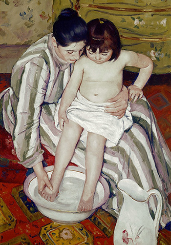 Image of the Child's Bath by Mary Cassat. A mother washes the feet of her child in a water basin.
