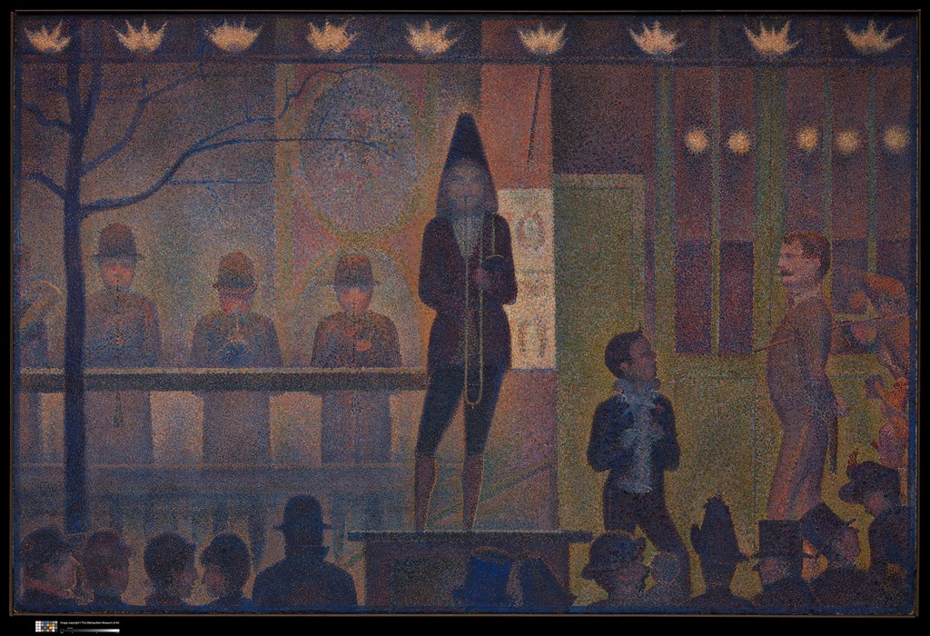 A painting of musicians at a circus made up of very tiny strokes of pure color.