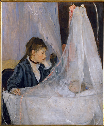 The Cradle by Berthe Morisot. Shown is a mother looking at her baby in a cradle as the child sleeps. Oil on canvas painting.