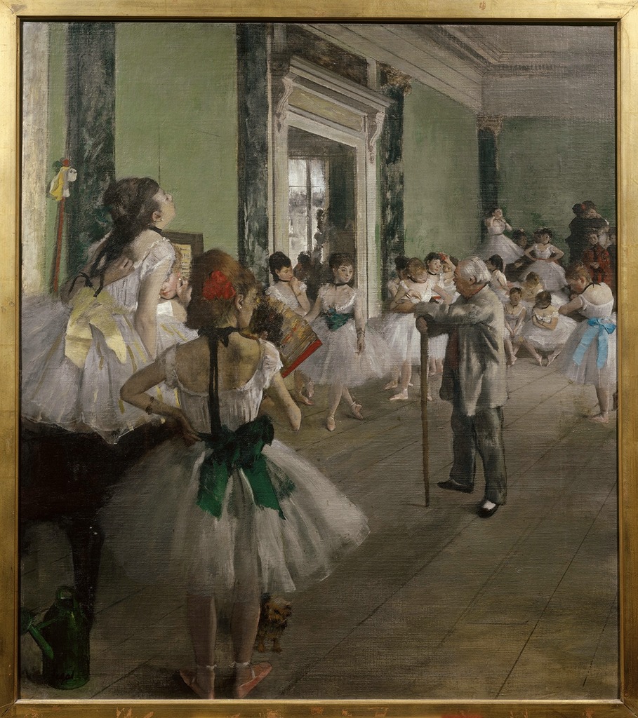 The Dance Class by Edgar Degas. Shown are several young girls in ballet attire ready to take a class. An older man stands in the middle of the girls holding a long stick. Oil on canvas painting.