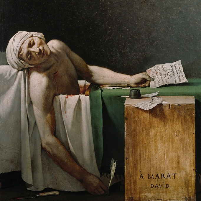 Image of Death of Marat by Jacques-Louis David. Shown is Marat lying dead in his bath. He holds a letter in his hand by Charlotte Corday, the person who murdered Marat. At the bottom the knife which killed Marat is laid on the floor. Oil on canvas painting.