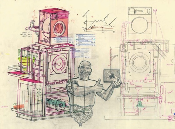 Technical drawings with a sketch of Mr. Clean's torso showing his intestines.