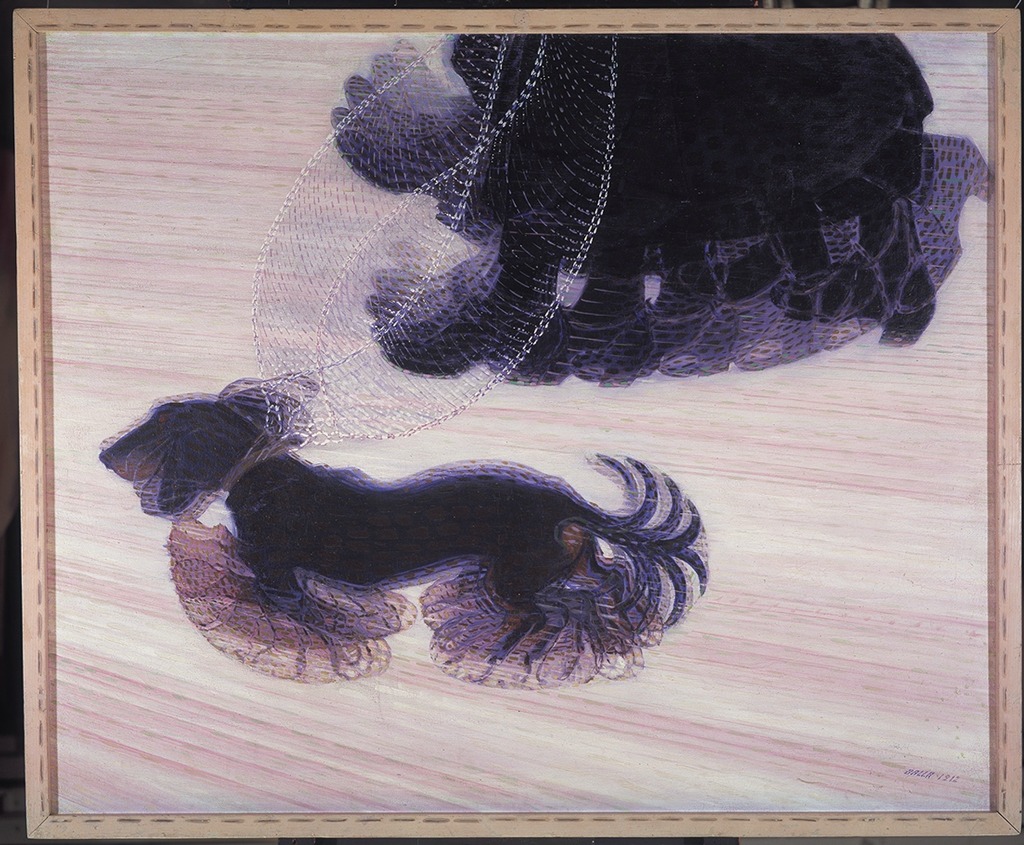 Image of Dynamism of a Dog on a Leash by Giacomo Balla. The image depicts a dog and its owner walking it as in motion. The rapid movement of the legs is shown. Oil on canvas painting.