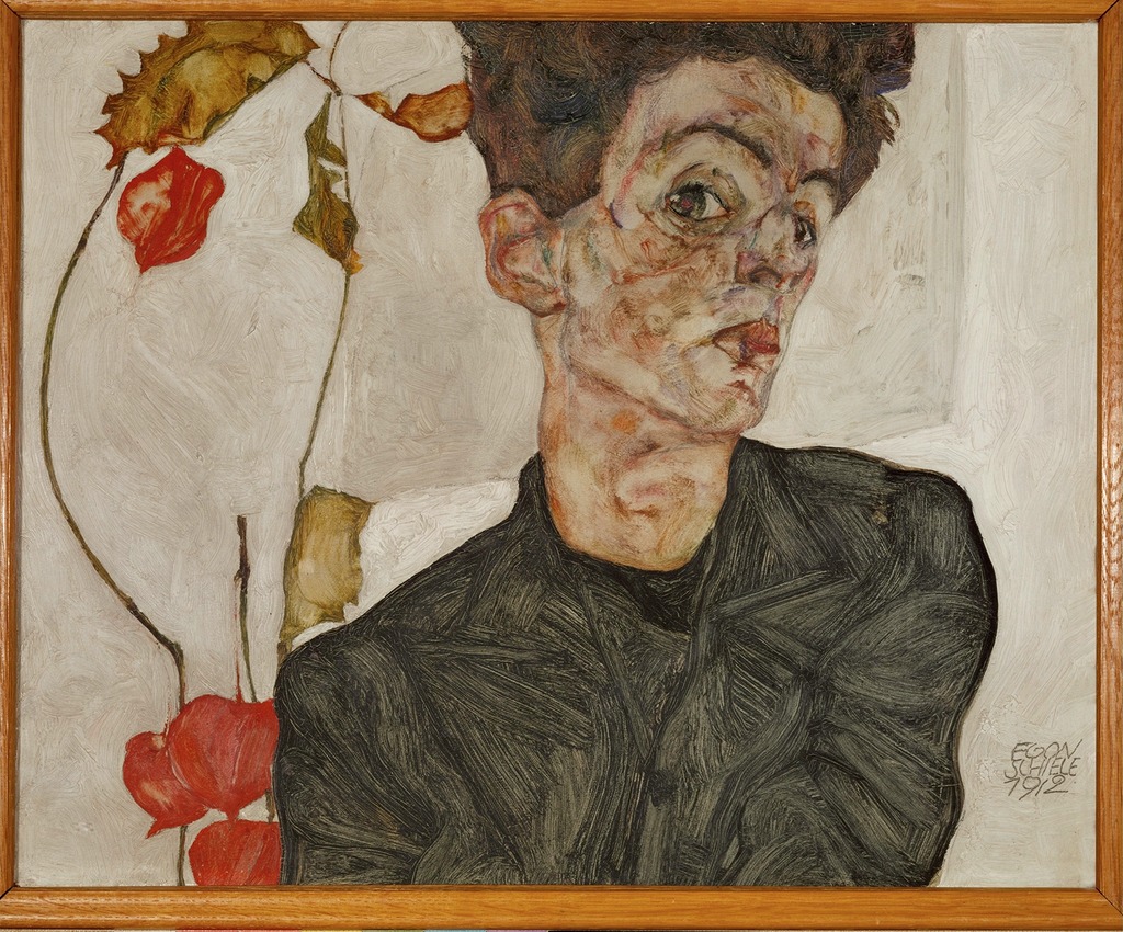 Image of Self Portrait with Chinese Lantern by Egon Schiele. Self portrait of Egon Schiele, next to him is a Chinese lantern plant and fruits. Oil and body color on wood.