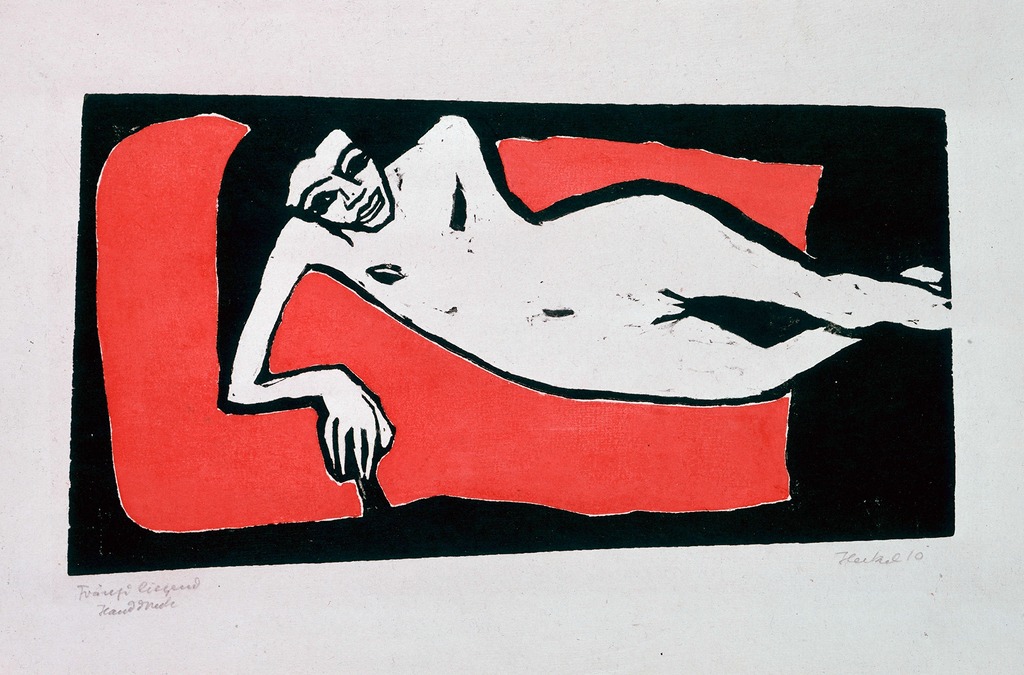 Image of Fränzi Reclining by Erich Heckel. Shown is a nude woman reclining on a red piece. Woodcut in red and black.