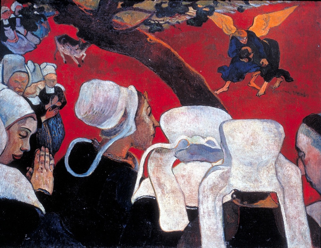 Painting depicting women in bonnets watching Jacob wrestling an angel.