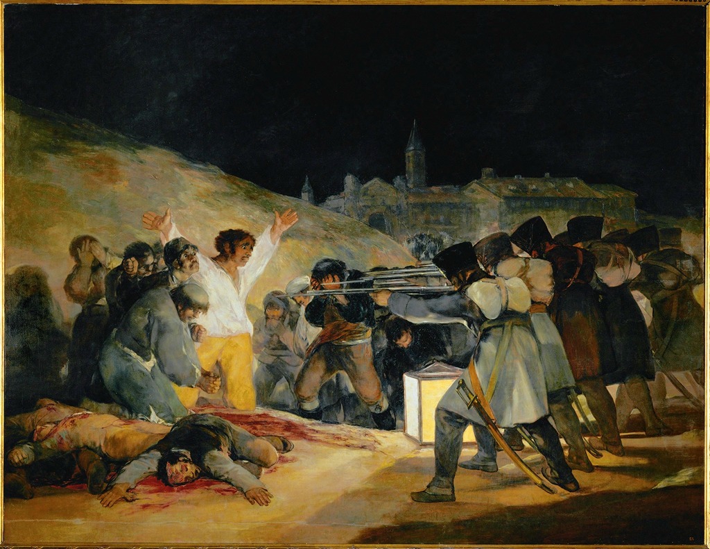 Image of The Third of May by Francisco de Goya. Shown is the execution of several men by French soldiers. A man being executed wears a white shirt with yellow pants holding his arms up in the air. Oil on canvas painting.