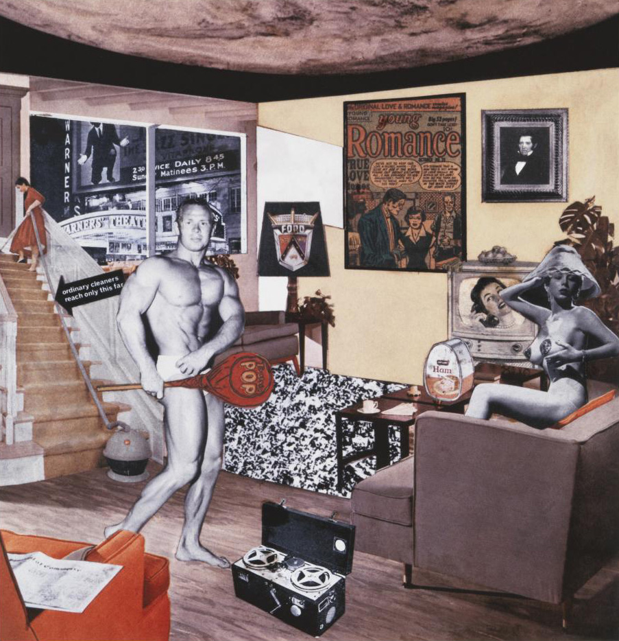 Image of Just what is it that makes today's home so different, so appealing? By Richard Hamilton. A collage featuring a heavy physiqued male and a topless woman sitting on a sofa, they are placed in a modern looking living room of a home.