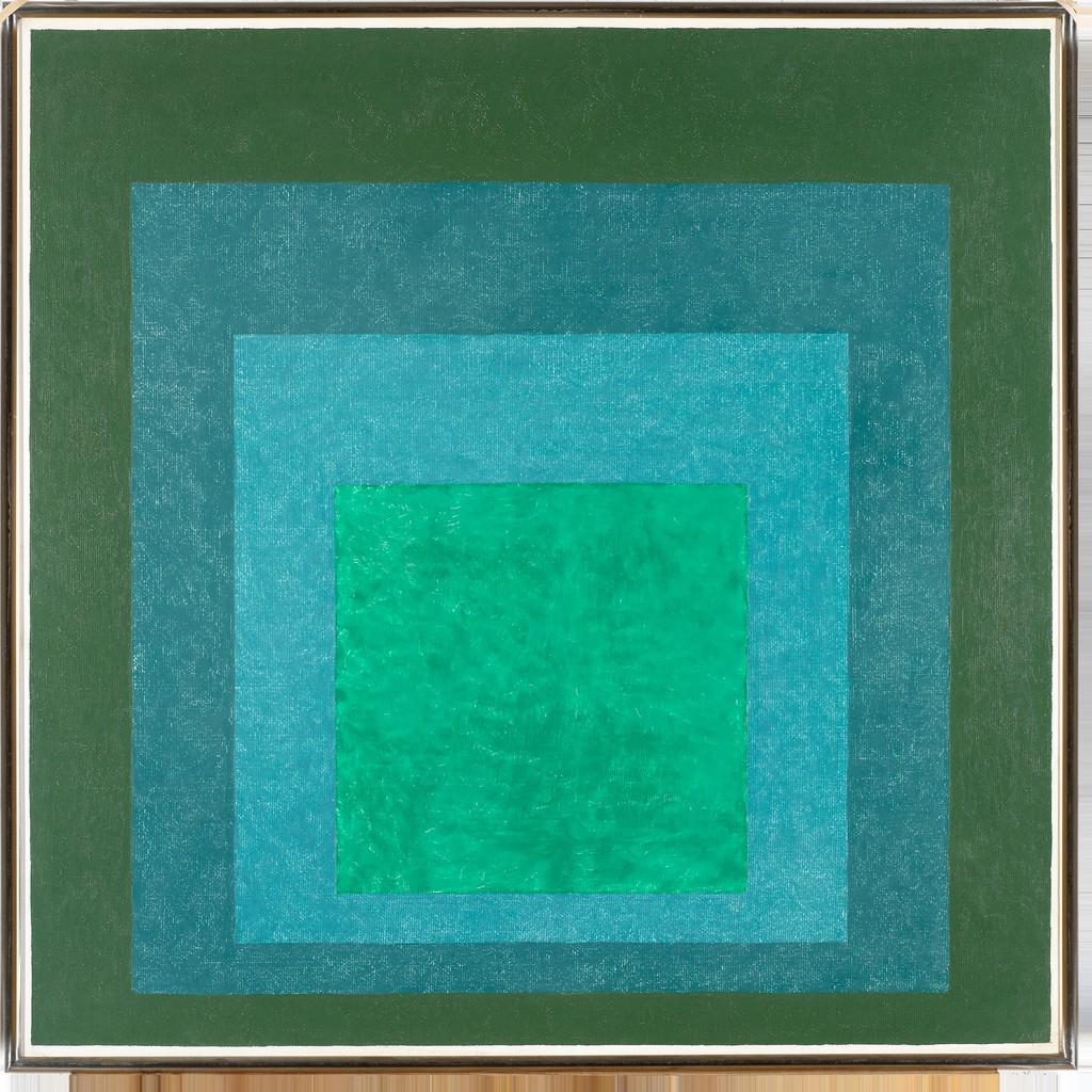 Image of Study for Homage to the Square by Josef Albers. Shown is four squares in white gray and blue. The smallest square has a mix of blues and green. The squares are ascending from the smallest square to largest. Oil on artist board.