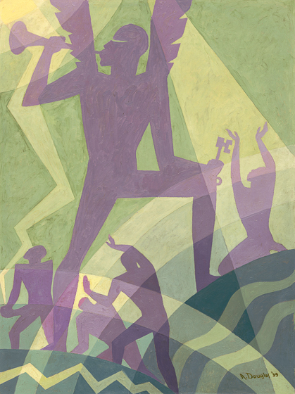 A stylized painting of african americans with hands raised as an angel blows a trumpet. The background and landscape is made of geometric lines and shapes.