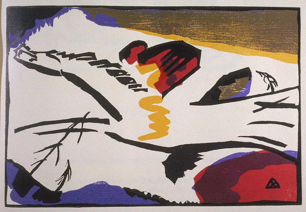 Image of Lyrisches (Lyrical) from the book Klänge (Sounds) by Wassily Kandinsky. Image shown is of color woodcut (red, blue, yellow and black) on cream laid on paper.
