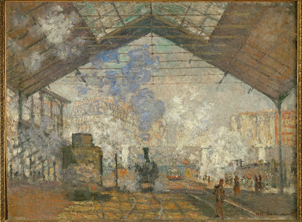 Image of La Gare Saint-Lazare by Claude Monet. A scene of the busy railway station. Clouds of steam can be seen and people at the sides of the railway. Oil on canvas painting.
