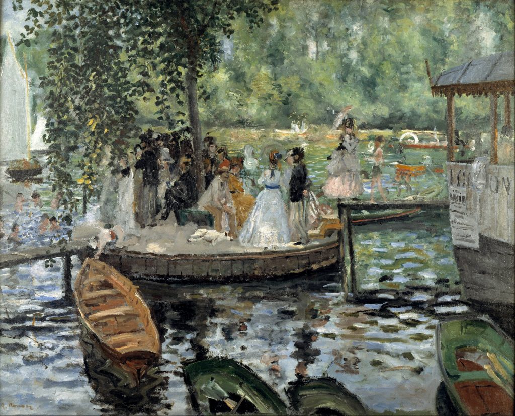A painting of a boating and bathing resort with people in fine clothes on a dock, and people swimming in the water.