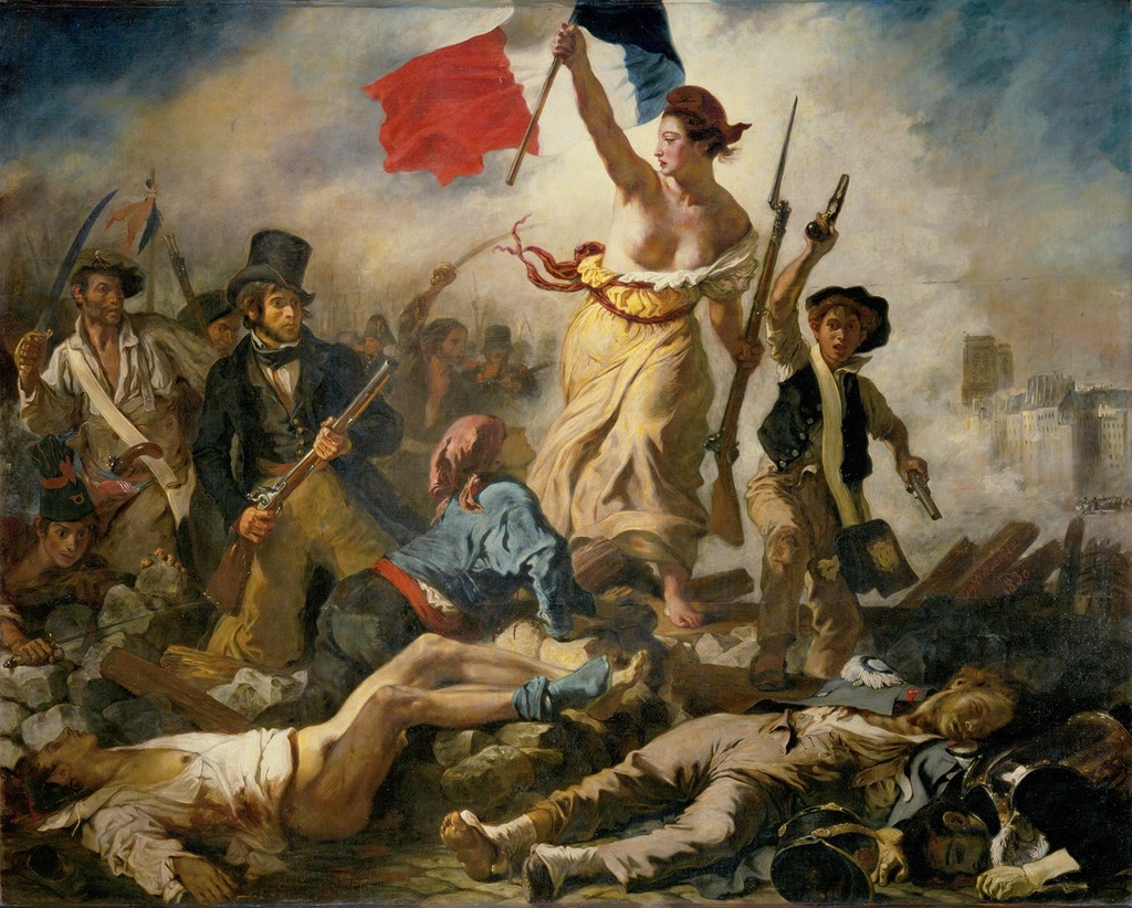 Image of Liberty Leading the People by Eugene Delacroix. Shown is Liberty holding the French flag as she leads the French people. The people from the crowd hold guns and swords. To the right of Liberty is a boy holding a gun. At their feet there are several dead men. In the background the towers of Notre Dame are visible. Oil on canvas painting.