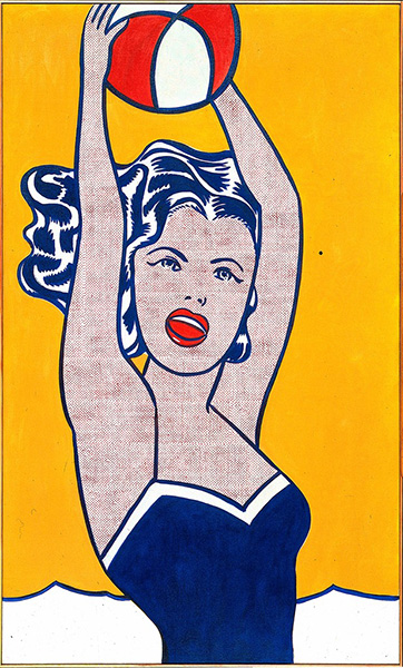 A painting showing a comic-like girl holding a beach ball over her head.