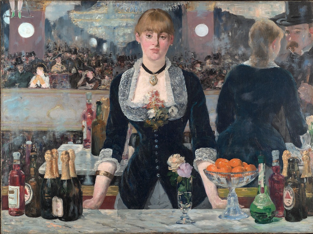 Image of a Bar at the Folies-Bergère by Édouard Manet. Shown is a woman working a bar, behind her is a mirror that reflects a man in front of her and the crowd of people at the bar. Oil on canvas painting.