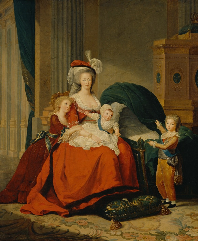 Painting of Marie Antoinette, feet resting on a pillow, holding a baby, with a little girl leaning against her, and a boy beside her.